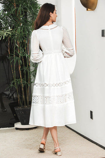 Hvit 3/4 ermer Boho Engagement Party kjole med blonder